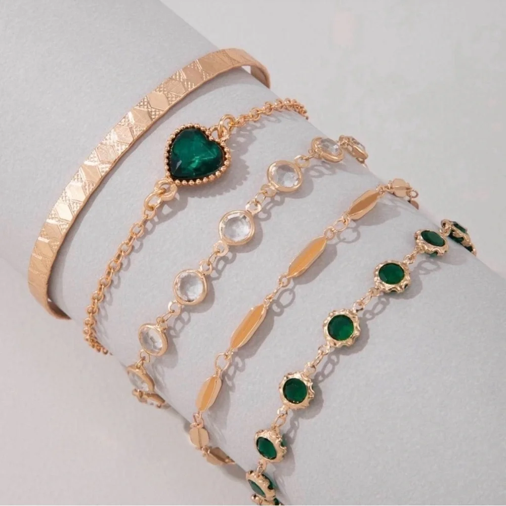 Gold and Emerald Multi-Layer Bracelet Set - Elegant Women's Jewelry